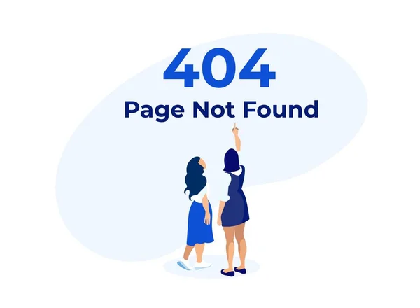 Erro 404 com as mulheres apontando no banner de aviso . —  Vetores de Stock