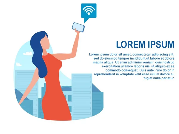 Bannière publicitaire avec femme utilisant le Wi-Fi pour le réseautage — Image vectorielle