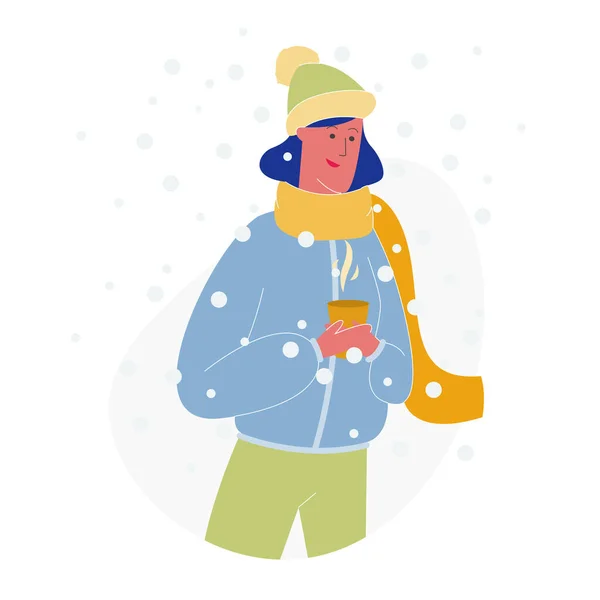 Счастливая женщина в теплой одежде держит чашку с горячим напитком — стоковый вектор
