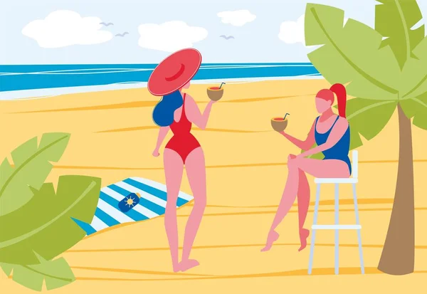 Las mujeres en traje de baño disfrutar de Tan y relajarse en la costa — Vector de stock