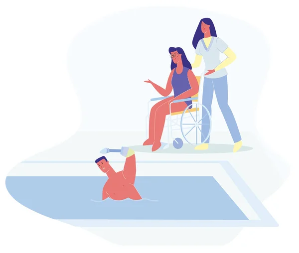 Homme prothétique main nager femme en fauteuil roulant — Image vectorielle