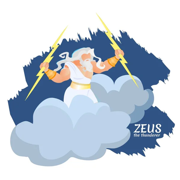Zeus Griekse god van donder en bliksem op wolk — Stockvector