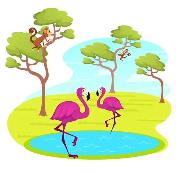 Розовый Фелинго на поверхности воды озера, обезьяна — стоковый вектор