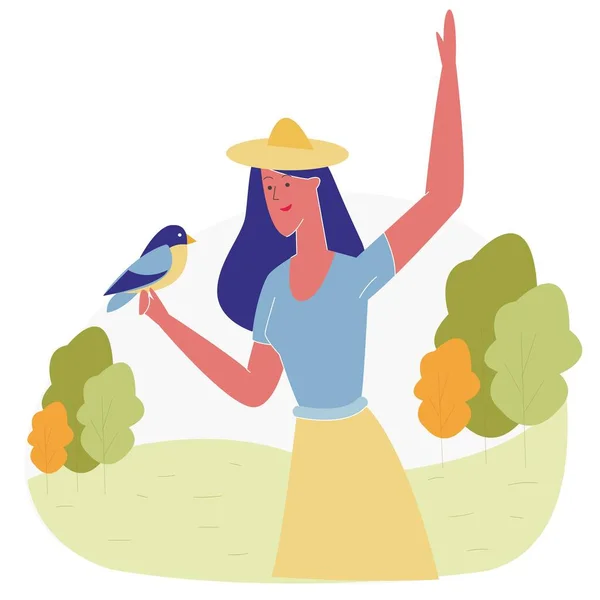 Donna che trascorre il tempo nel parco animale Nutrire gli uccelli — Vettoriale Stock
