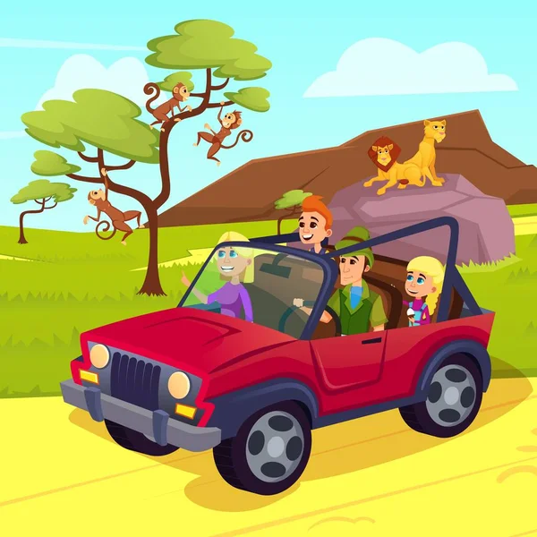 Vacances Sauvage, Conduite familiale Jeep sur Safari — Image vectorielle