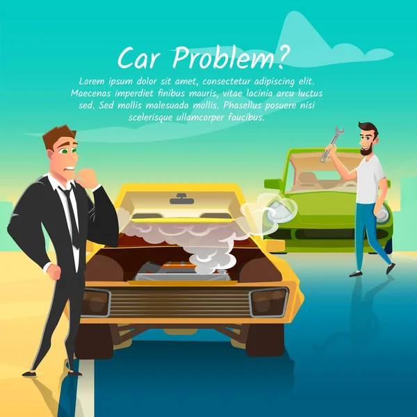 Empresario tener problemas de coche y el hombre puede ayudar — Vector de stock