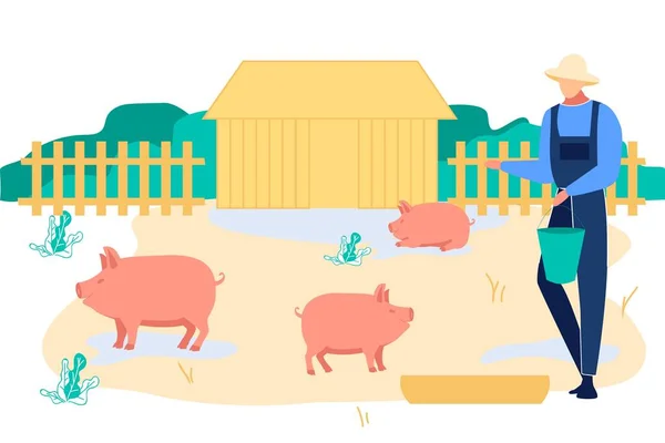 Giovane che nutre i maiali che mettono il grano nella mangiatoia — Vettoriale Stock