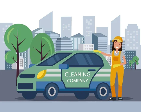 Γυναίκα με στολή που στέκεται δίπλα στο αυτοκίνητο της εταιρείας καθαρισμού. — Διανυσματικό Αρχείο