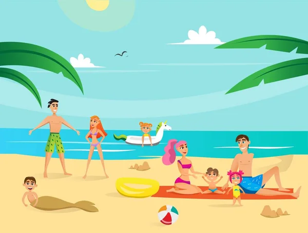 Vacaciones de verano. Grupo de personas en la playa . — Archivo Imágenes Vectoriales