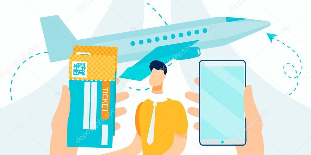 Booking and Buying Airline Tickets Service Cartoon