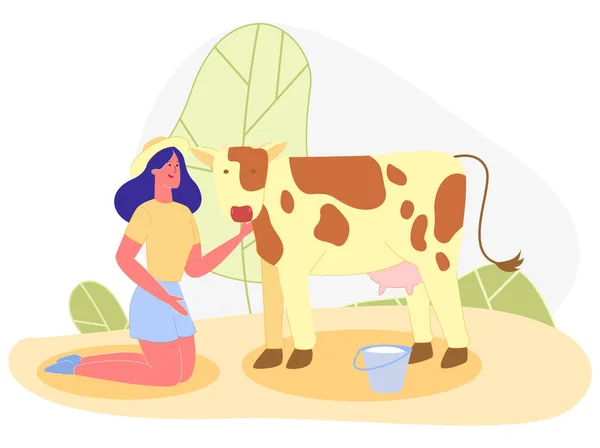 Signora in cappello di paglia, ringraziamento macchiato mucca per il latte — Vettoriale Stock