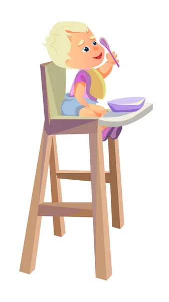 Bébé dessin animé assis dans une cuillère de chaise haute à la main — Image vectorielle