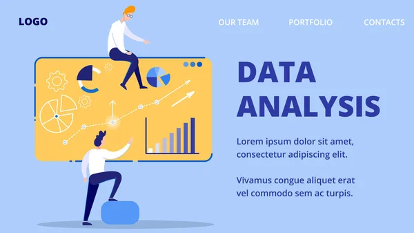 Análisis de datos, personajes lideran la presentación web . — Archivo Imágenes Vectoriales