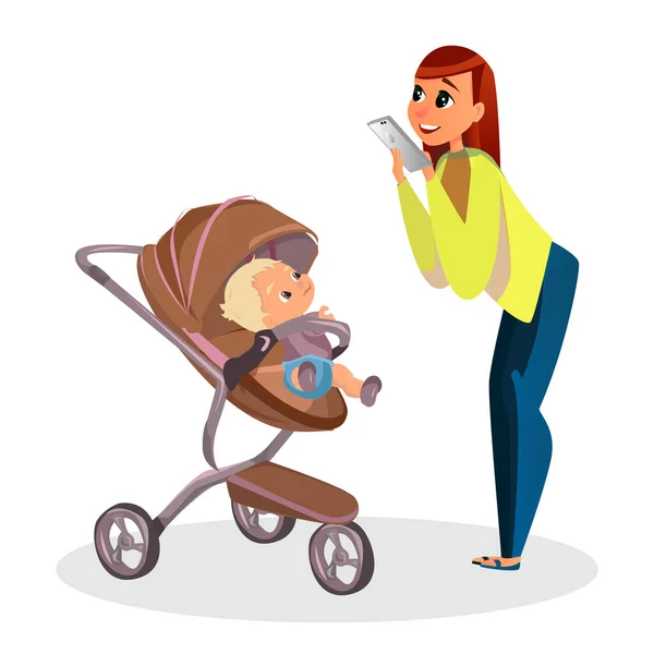 Cartoon Mother Make Picture of Son in Stroller — Stock Vector