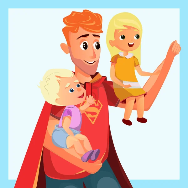 Dibujos animados padre jugar superhéroe con hijo hija — Vector de stock