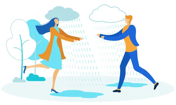 Muž a žena spěchající na rande pod deštěm karikatura — Stockový vektor