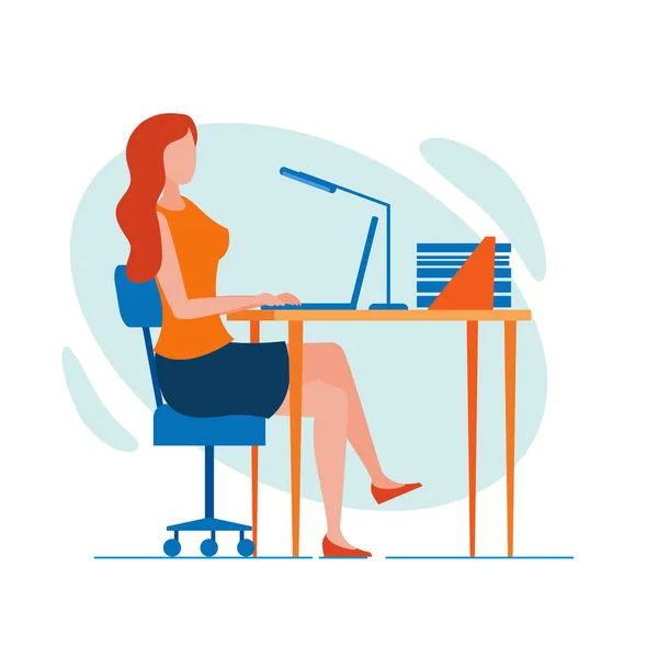 Femme au bureau, assise au bureau, travaillant tard — Image vectorielle