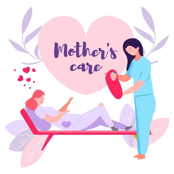 Mothers Care, Vector Illustration Birth Baby Girl — Stock Vector