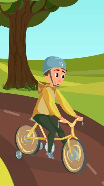 Liten pojke i hjälm på utbildning Wheel Bike Park — Stock vektor
