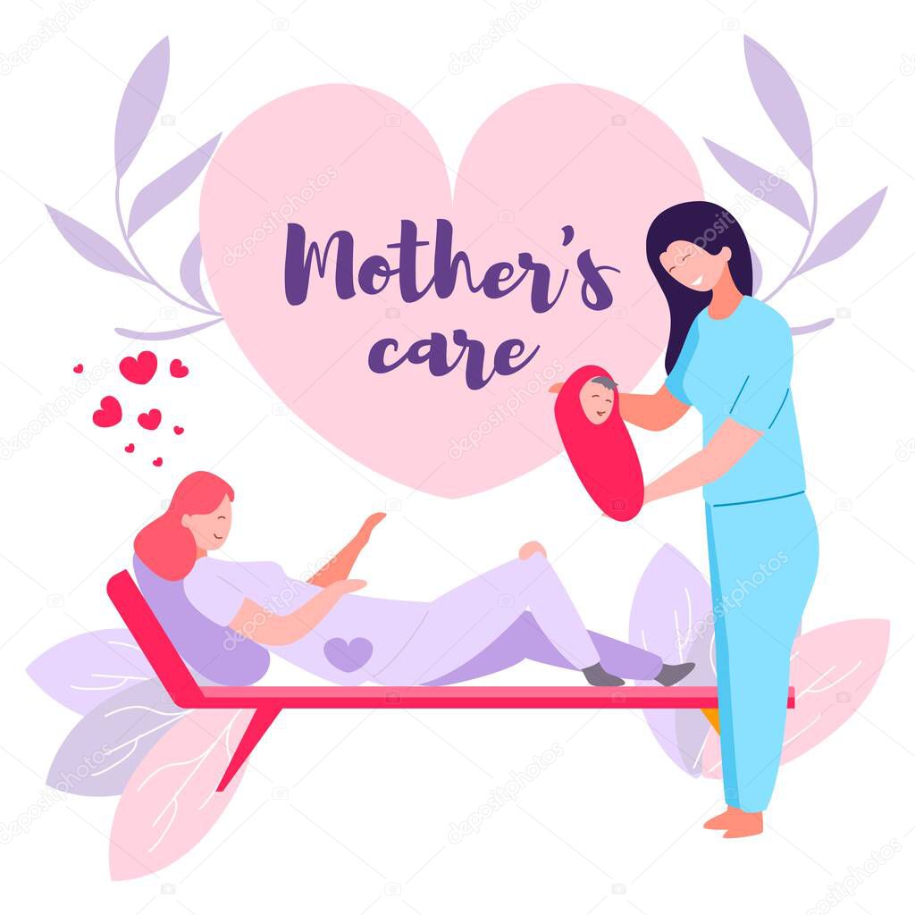 Mothers Care, Vector Illustration Birth Baby Girl