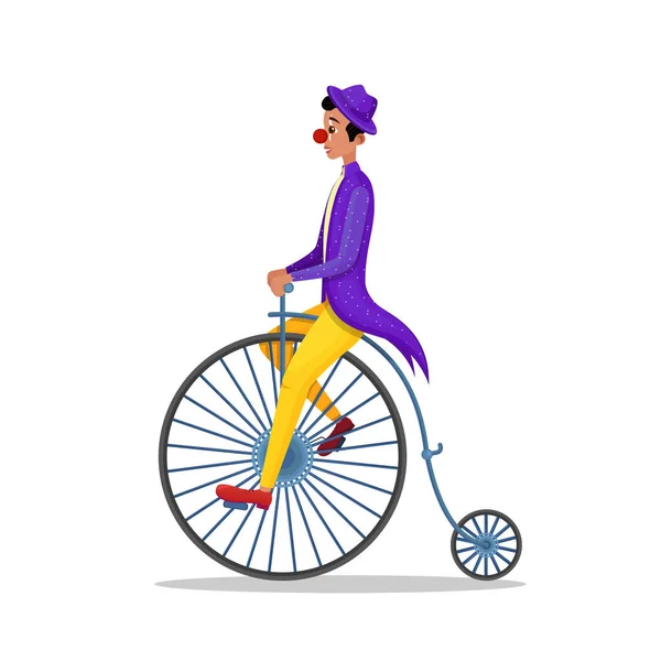 Mężczyzna w kostiumie klauna jazda Penny Farthing rower — Wektor stockowy