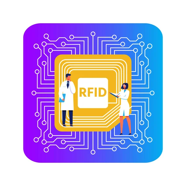 Riesiges RFID-Chip-Implantat und Wissenschaftler-Cartoon — Stockvektor