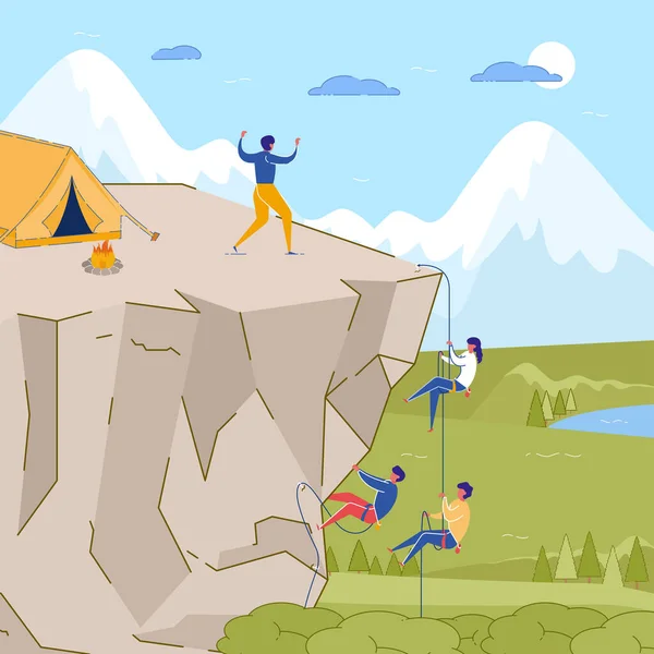 Cartoon People Escalade sur Mountain Peak — Image vectorielle