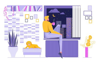 Pencere kenarında oturan adam Gece Şehri 'ne bakıyor..