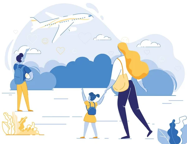 Mãe Viajar com filha e filho de avião — Vetor de Stock