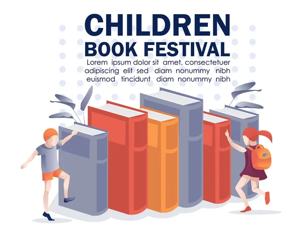 Cartel de Texto del Festival del Libro Infantil con Niños Felices — Vector de stock