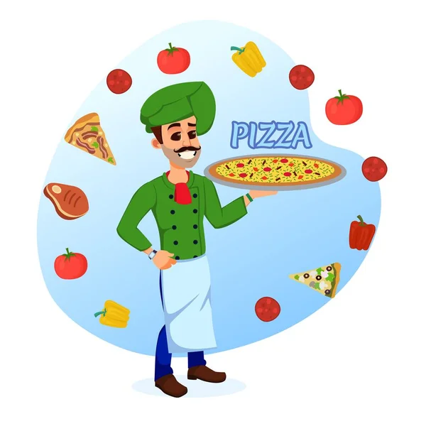 Koch wirbt für Pizza mit unterschiedlichen Füllungen — Stockvektor