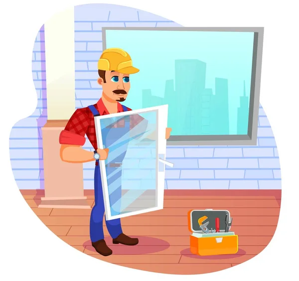 Trabajador de la construcción en ventana de casco protector — Vector de stock