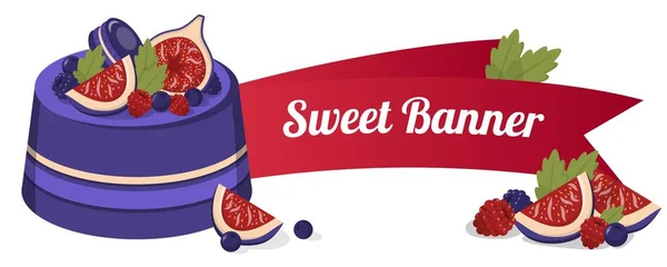 Γλυκό Banner με κέικ σύκο, φέτες φρούτων, μούρα — Διανυσματικό Αρχείο