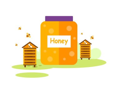 Big Jar ve Honey Apiary 'de Kovan yakınlarında. Vektör.