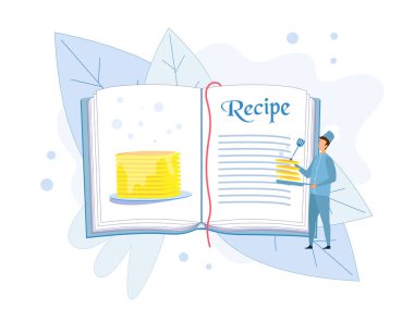 Pancakes Recipe in Cook Book, Man Chef with Turner clipart