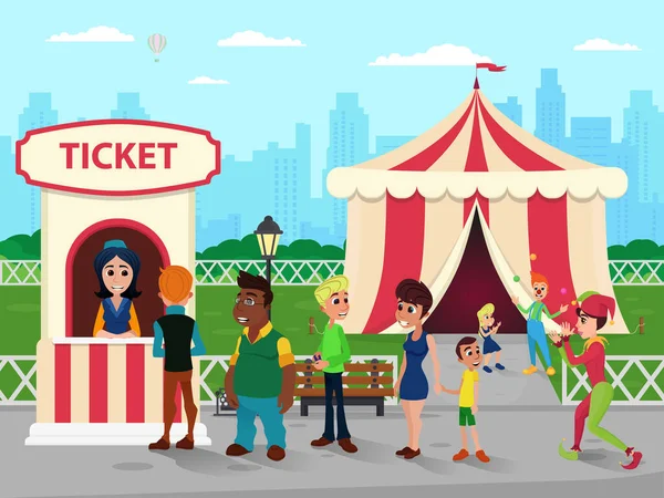 Ticket Booth bij Circus, Verkoper en Mensen in de rij — Stockvector