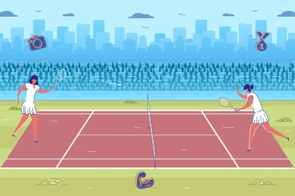Tenisowe Mistrzostwa na Court Cartoon Kobiety grać — Wektor stockowy