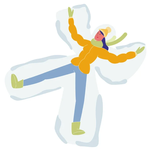 雪の天使を作る地面に横たわっている女の子,冬の楽しみ — ストックベクタ