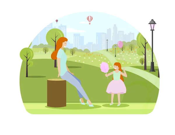 母亲和女儿在城市公园消磨时间 — 图库矢量图片