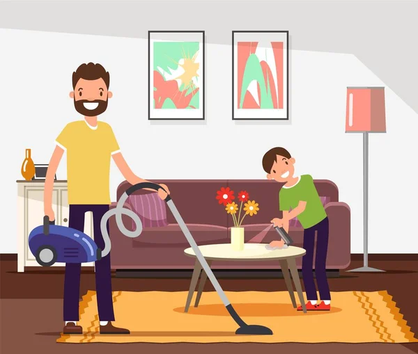 Father and Son Cleaning, Doing Household Chores. — Stock Vector