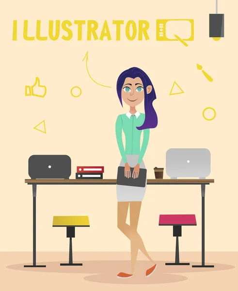 Illustrateur femme avec tablette à portée de main au bureau . — Image vectorielle