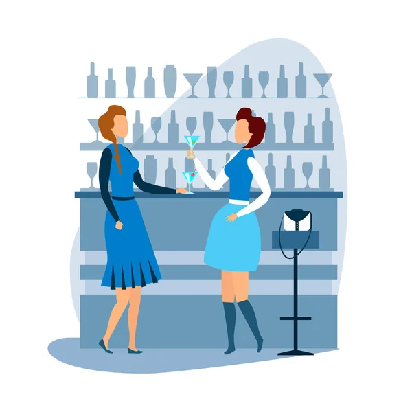 Two Woman having Rest at Cocktail Bar Cartoon - Stok Vektor