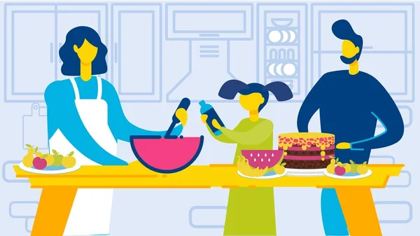 Gelukkig gezin met kind in keuken kamer koken — Stockvector