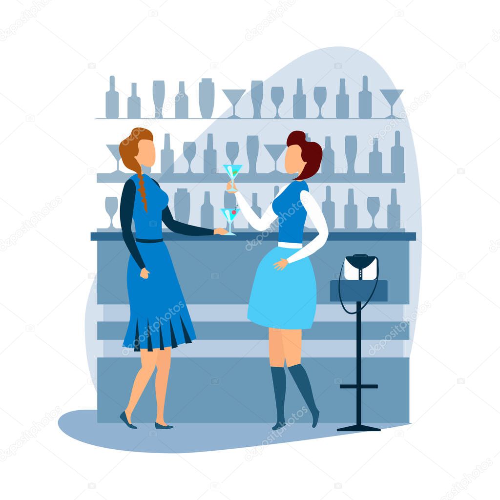 Two Woman Having Rest at Cocktail Bar Cartoon