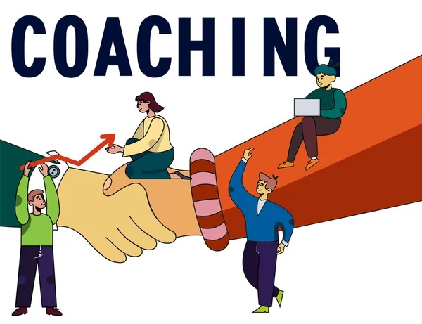 Coaching Metaforaffisch med människor och handslag — Stock vektor