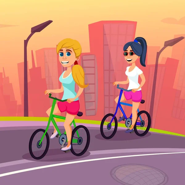 Молодые девушки, езда на велосипедах в большом городе на закате — стоковый вектор