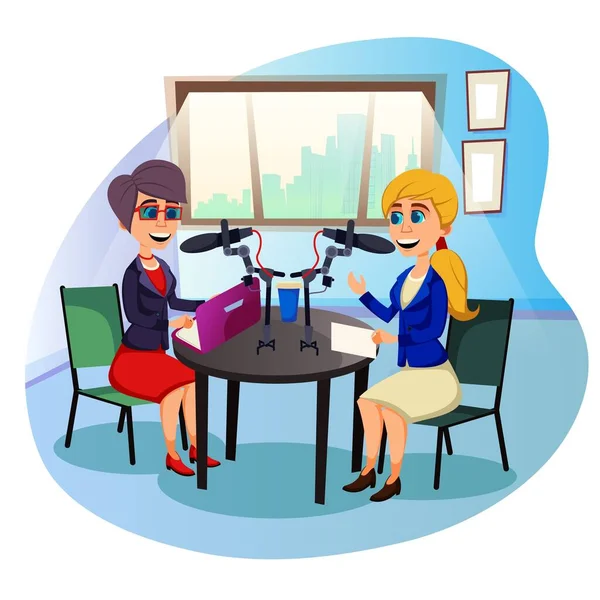 Δύο Business Ladies, Podcasting Ζωντανά από το Γραφείο — Διανυσματικό Αρχείο