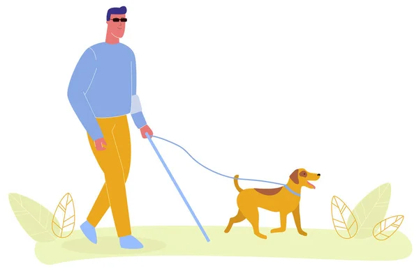Ciego hombre en gafas paseo servicio perro con correa — Vector de stock