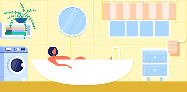 Bonita mujer tomando baño, relajante en casa dibujos animados — Vector de stock