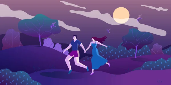 Ρομαντικό Περπατήστε στην Πανσέληνο νύχτα καρτούν επίπεδη. — Διανυσματικό Αρχείο